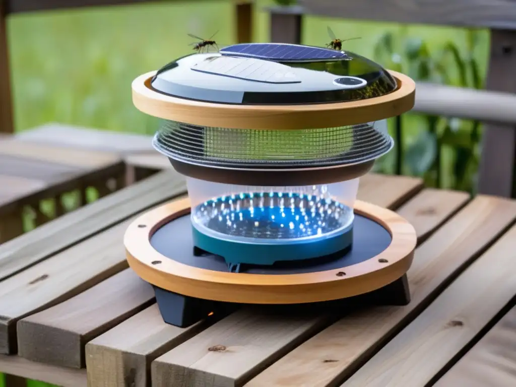 A close-up of a solarpowered insect zapper, transparent fish bowl with buzzing insects, and rustic wooden table with solar panels