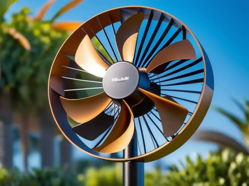 A stunning image of a modern, sleek and sophisticated solarpowered fan, set against a beautiful backdrop of greenery and a clear blue sky