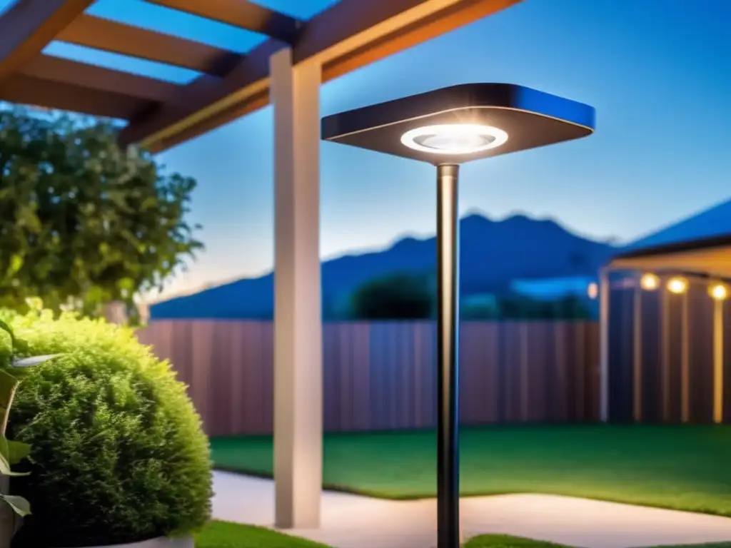 The light of the future illuminates the garden - A sleek and modern solarpowered motion sensor light system installed in an outdoor garden or patio area, with a vivid blue sky and clear clouds in the background, showcasing the efficiency of the lights and their interconnectedness with nature