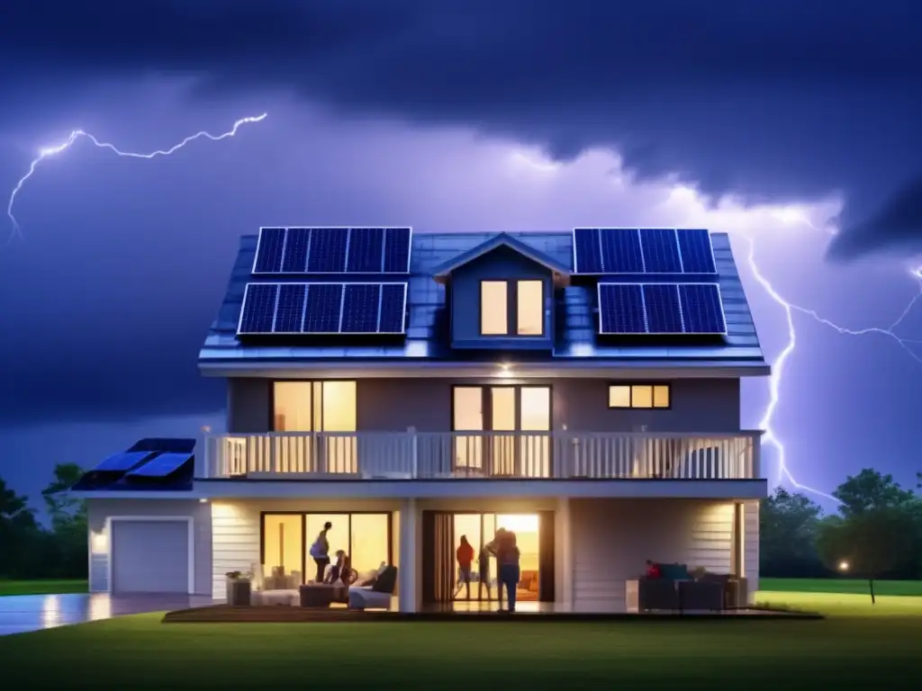 During a hurricane, a family huddles together inside their solar-powered home