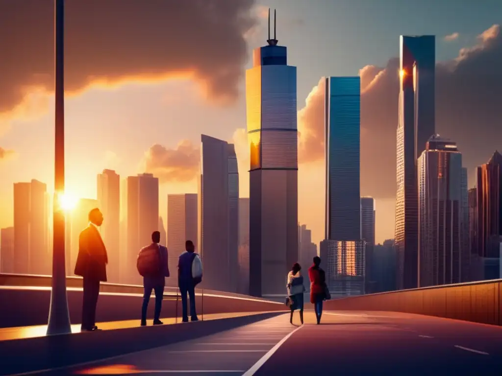 The setting sun bathes a group of admiring people in a warm glow around a solarpowered street light surrounded by towering skyscrapers