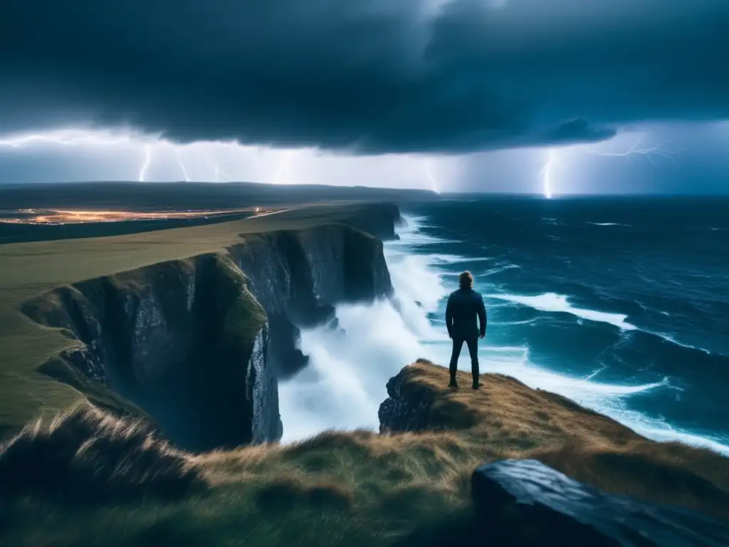 A person braves the stormy elements, standing on the edge of a cliff and gazing out at the vast and desolate landscape