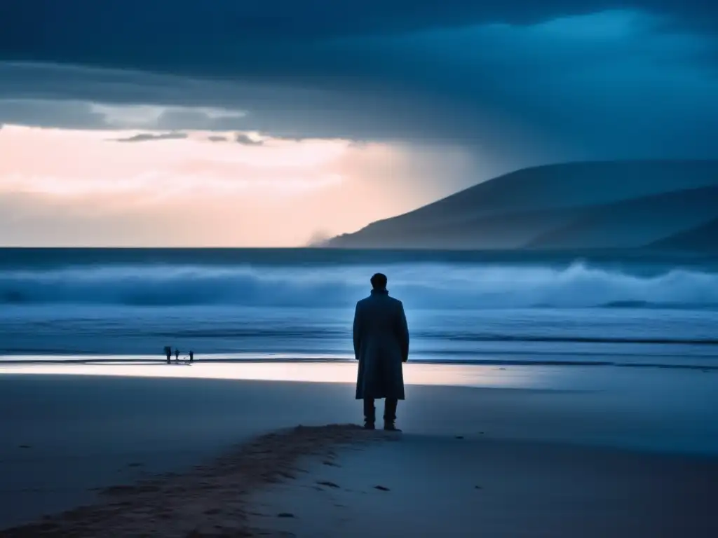 A lone figure braves the storm on an isolated beach with a faint group huddled in the distance, with a cinematic quality and vivid colors