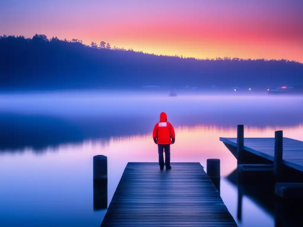 In the hazy distance, a lifeguard stands tall on a wooden pier in a vibrant red life jacket, searching for danger in the peaceful waters