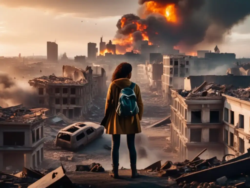 A desolate view of a destroyed city, captured from a high angle, with a person standing at the edge, gazing out at the devastation