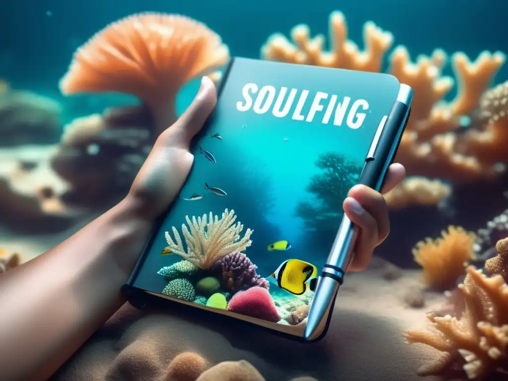 Waterproof notebook with pen in hand, soulsearching under a vibrant coral reef simulation