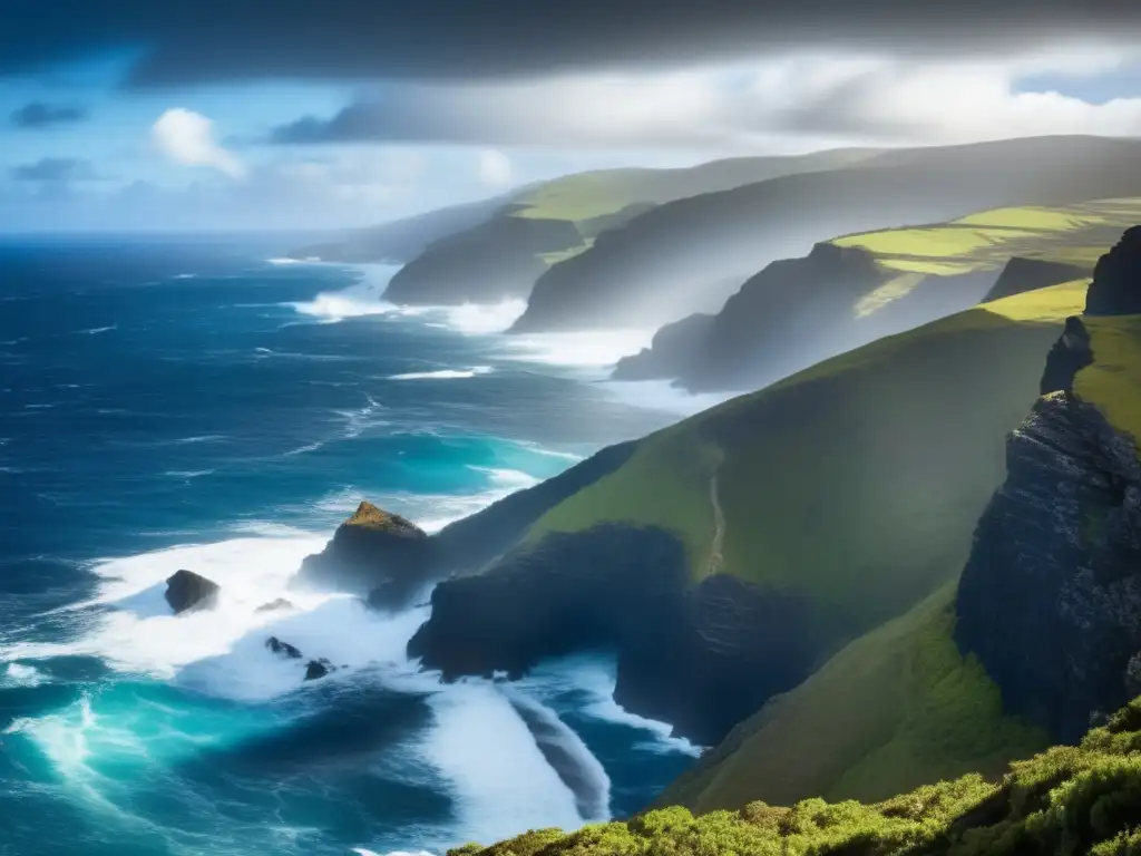 A majestic blue ocean in South Atlantic's tranquil waters, waves crashing against rugged cliffs, while the lurking danger beneath the surface looms ominously