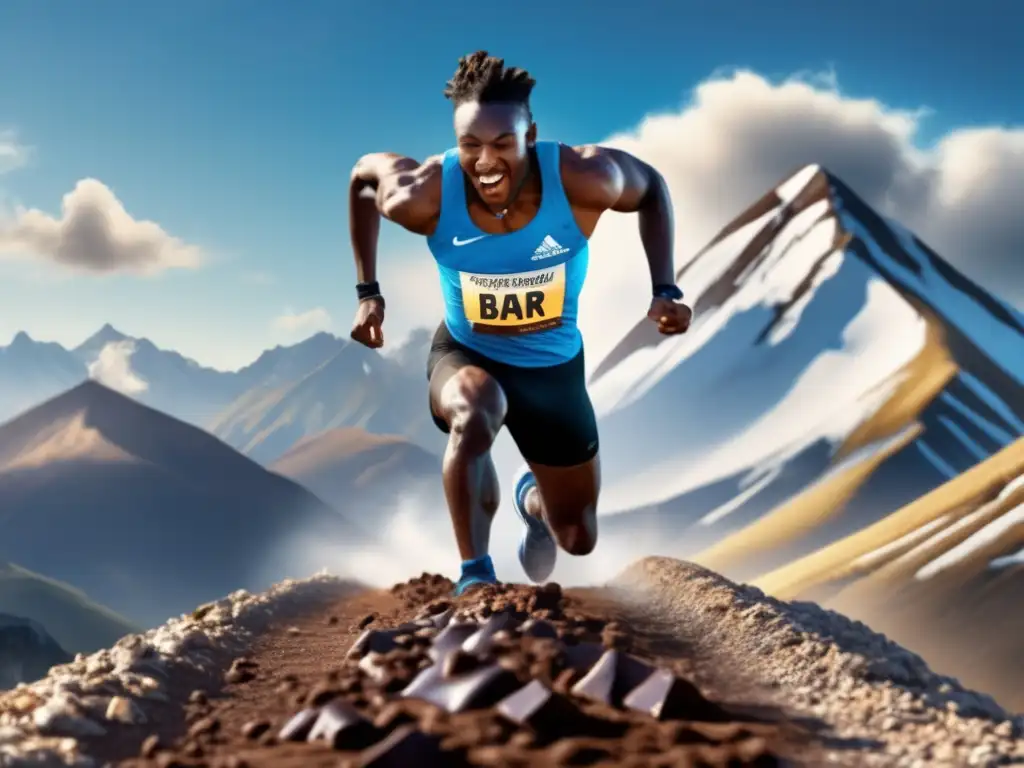 A dynamic athlete in action, sprinting up a mountain, reaching for a high-calorie energy bar of black chocolate with white streaks