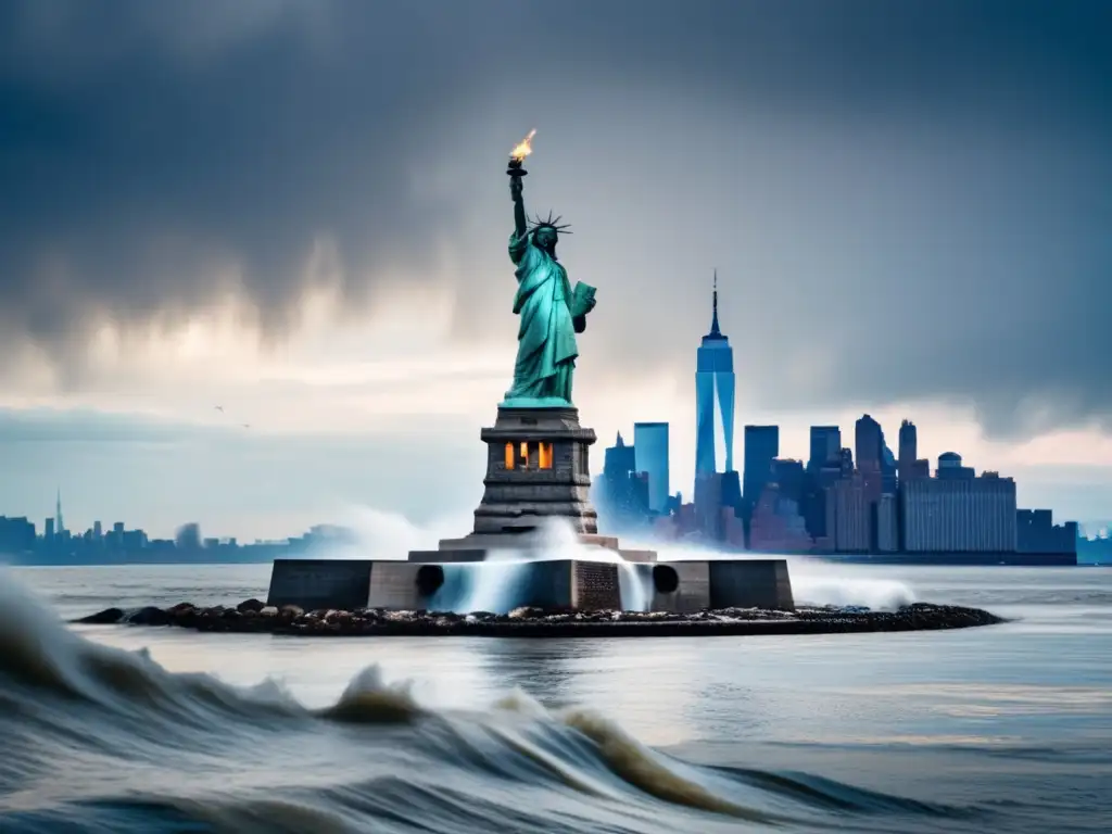 In the aftermath of a hurricane, the Statue of Liberty stands tall but altered, her arms torn from her body and drifting in the Hudson River