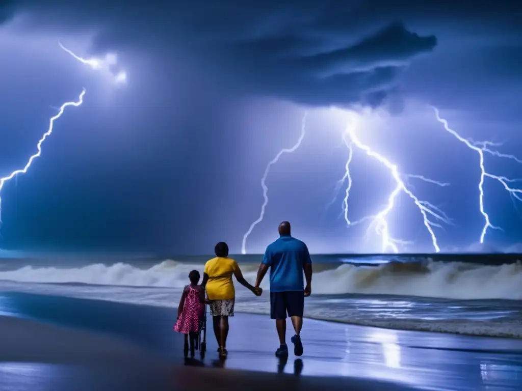 A poignant photograph that encapsulates the struggle of a disabled family member and their caregiver amidst the tumult of a hurricane