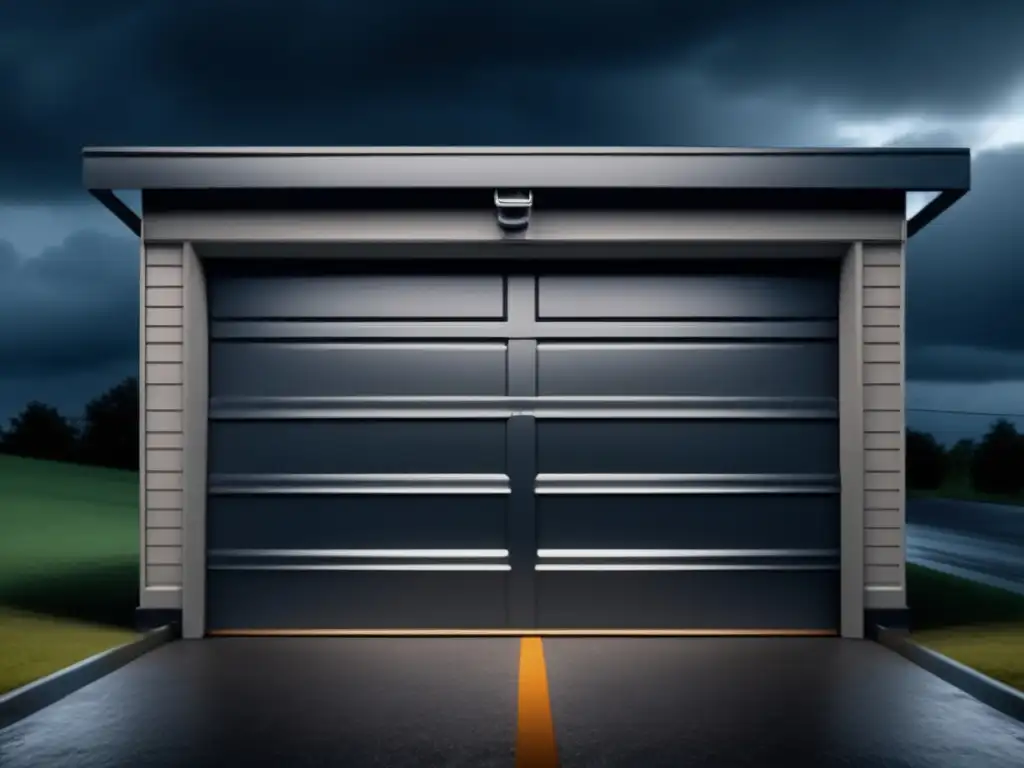 A stormy sky looms over a steel-reinforced garage door