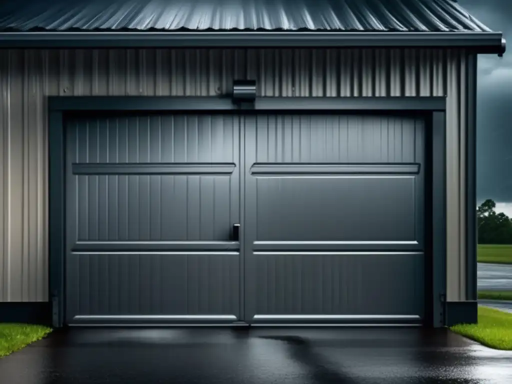 In the midst of a storm, a reinforced steel garage door stands tall, its hurricane boards shielding against the onslaught of wind and rain