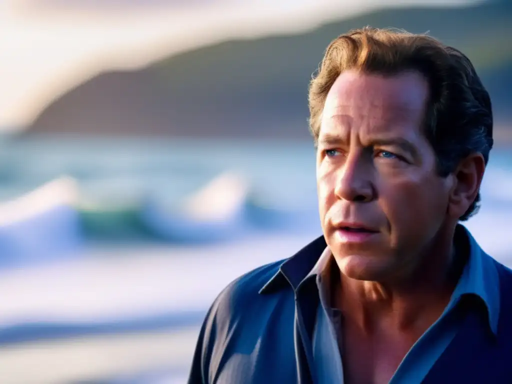 Steven Guttenberg, playing Jack Watson in Tidal Wave: No Escape, faces the vast, blue ocean, eyes wide with terror as waves crash against the shore