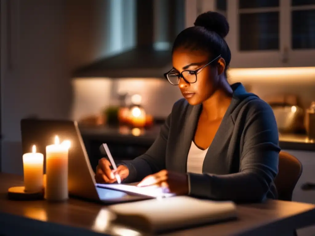 A person intensely studying food safety guidelines during a power outage, with only flickering candles and a desk lamp providing a warm glow