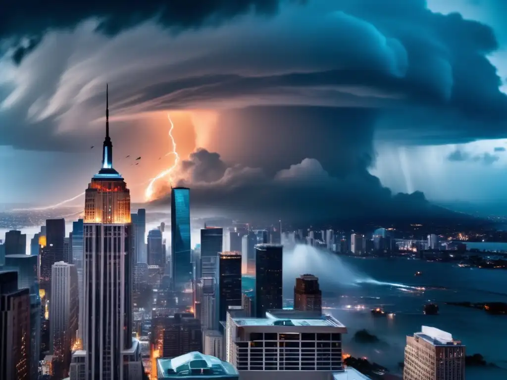 A cinematic image of a towering skyscraper under attack by a massive hurricane in a bustling city