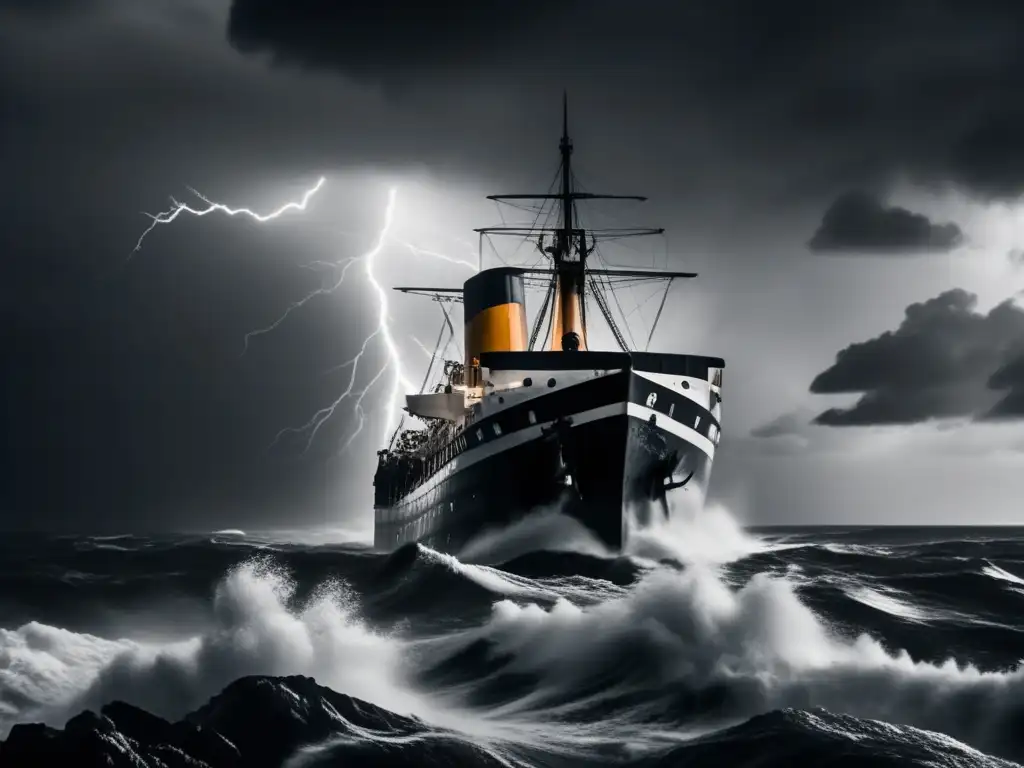 A dramatic black and white photo of a ship fiercely battling against towering lightning-lit waves