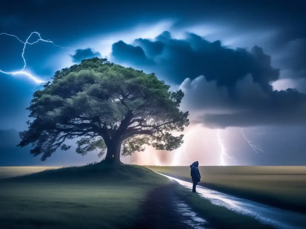 A lone figure braved the fierce hurricane under a stormy tree, with the moon and lightning in the backdrop