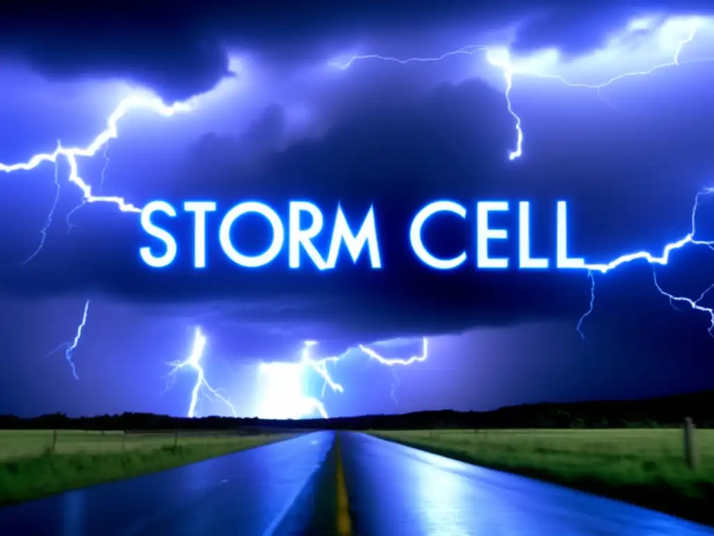 A riveting TV movie, 'Storm Cell', with lightning bolts illuminating the title, capturing the intensity of the movie