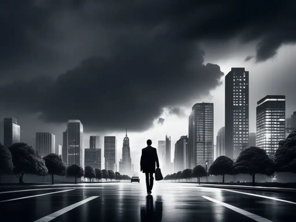 A lone figure walks through an empty city as stormy clouds loom in the background, casting a shadow over the skyscrapers