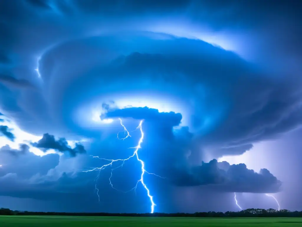 Amidst the chaos of a dark storm, a calm eye emerges, surrounded by a faint blue halo and an intense cyclone swirls around it