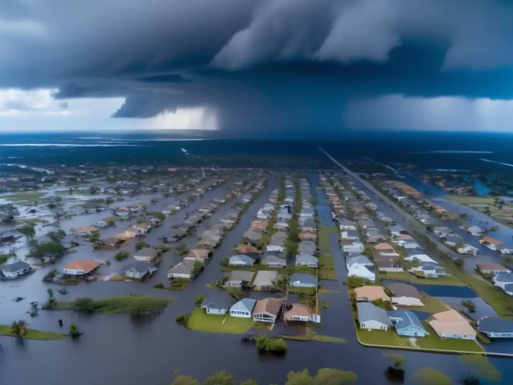 A heart-wrenching aerial view of a hurricane-ravaged town, captured from a helicopter hovering above the devastation