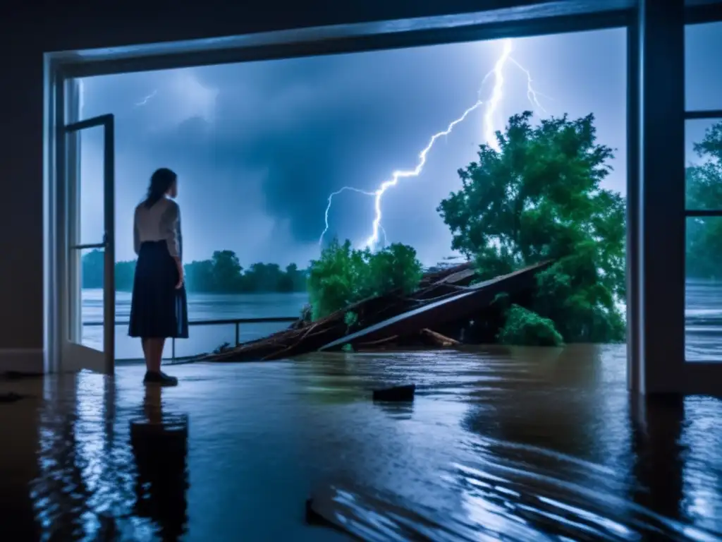 A woman in a flooded room with a worried expression, assessing the damage outside through a window