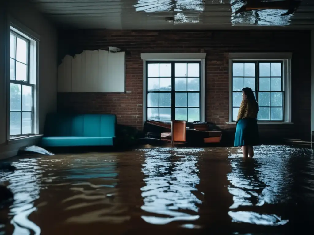 A distressed woman gazes out the window of her flooded living room during a hurricane, her expression etched with worry as the rain falls heavily