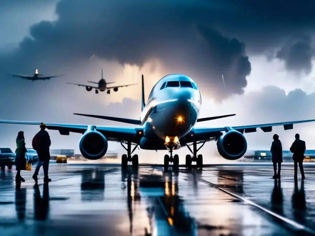 An iconic airplane looms in the distance, amidst the chaos of a storm-damaged airport