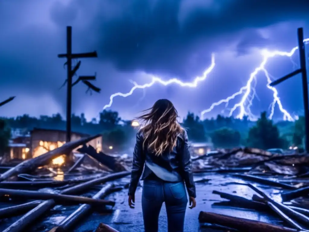 A woman stands in the middle of a desolate, stormy cityscape, surrounded by fallen trees and debris, with rain pouring down