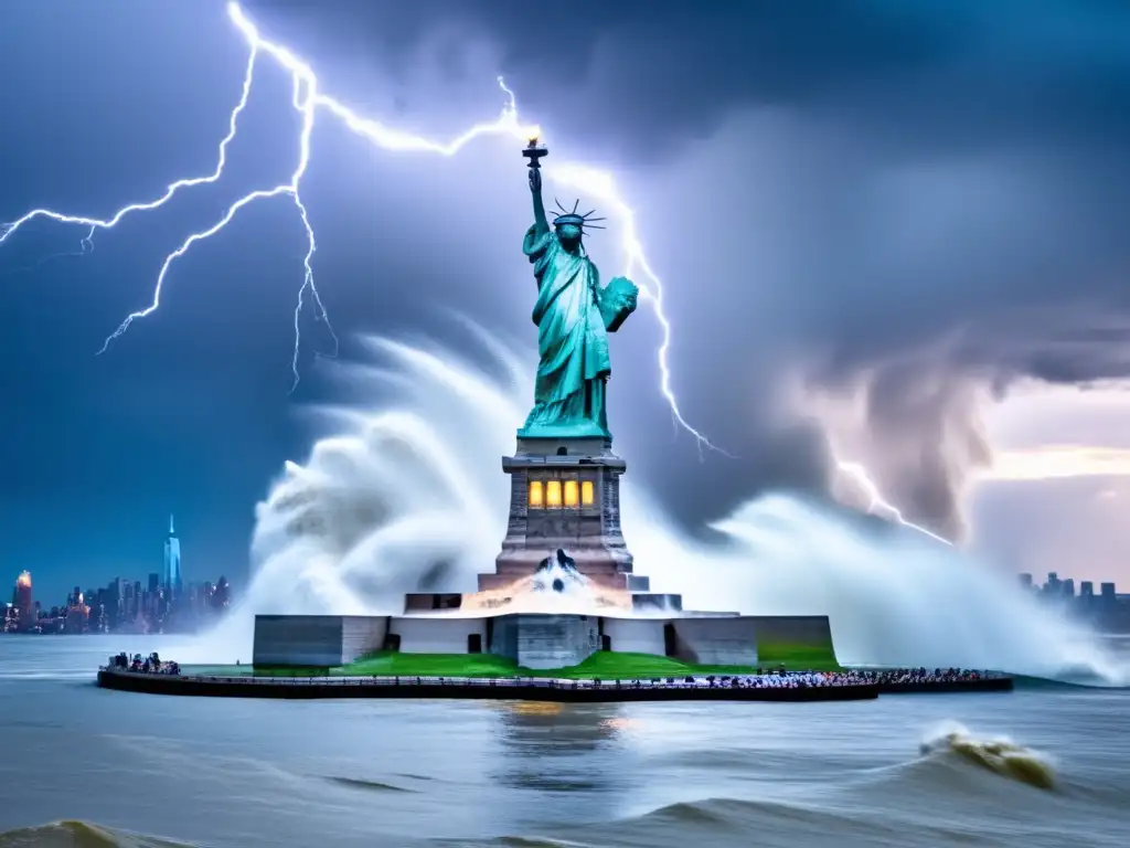 Dashing through the prodigious waters on New York's shores, the Statue of Liberty watches as fierce winds tear away her armor