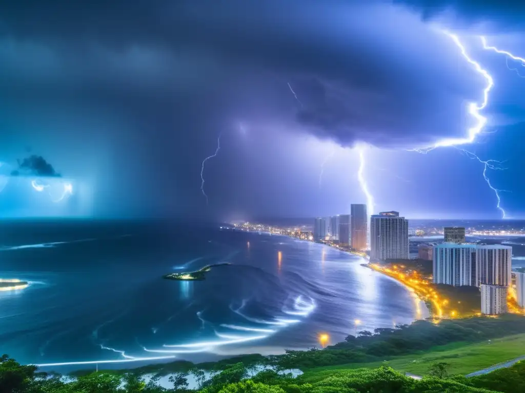 A breath-taking image of a hurricane's wrath, with lightning laying bare the city below