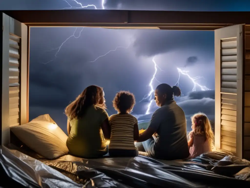 A shelter adorned with homemade signs and plastic sheets offers hope for a family of four during a storm