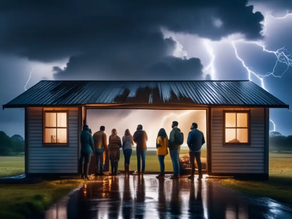 A sorrowful group of people huddled in a rundown house during a tempest, with lightning illuminating the dark sky and raindrops cascading off the roof