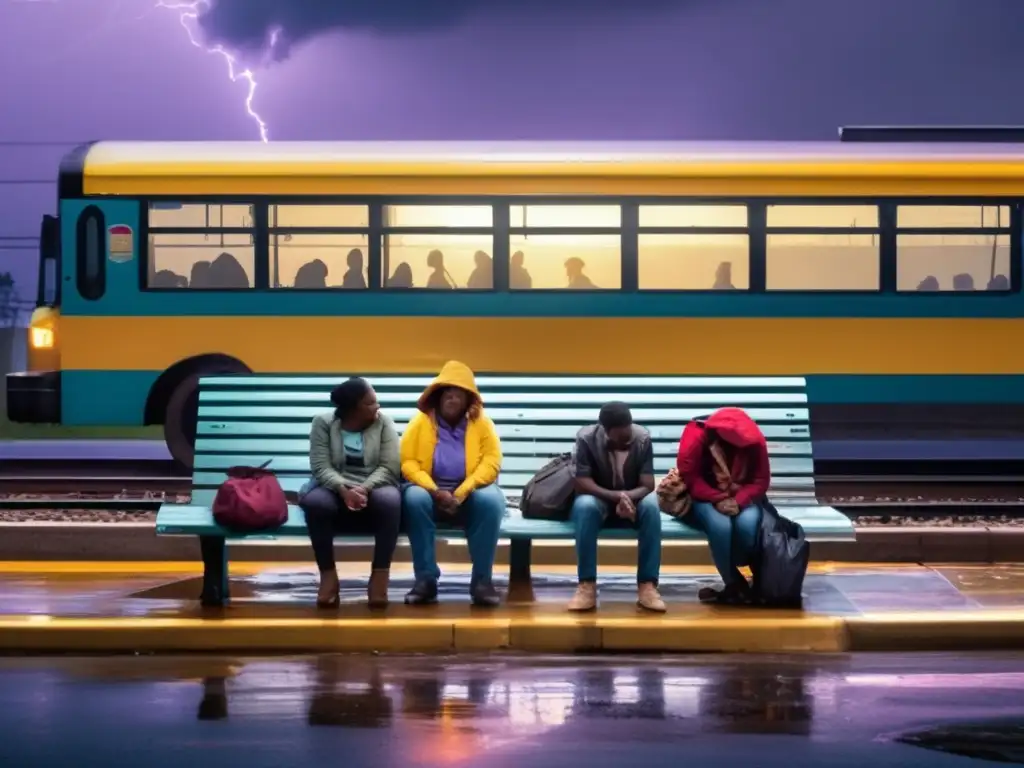 A stormy group of individuals huddle together on a bench, waiting for public transportation restoration at a damaged train track