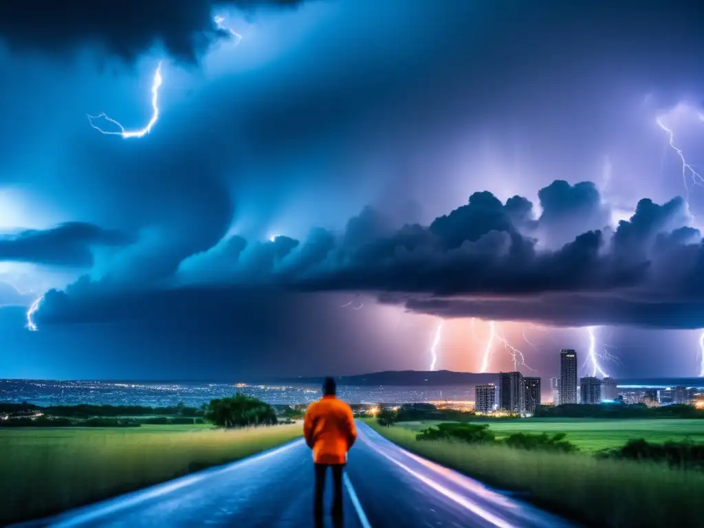 A lone figure bows in fear as a storm brews over the city, casting a vivid glow on the surroundings