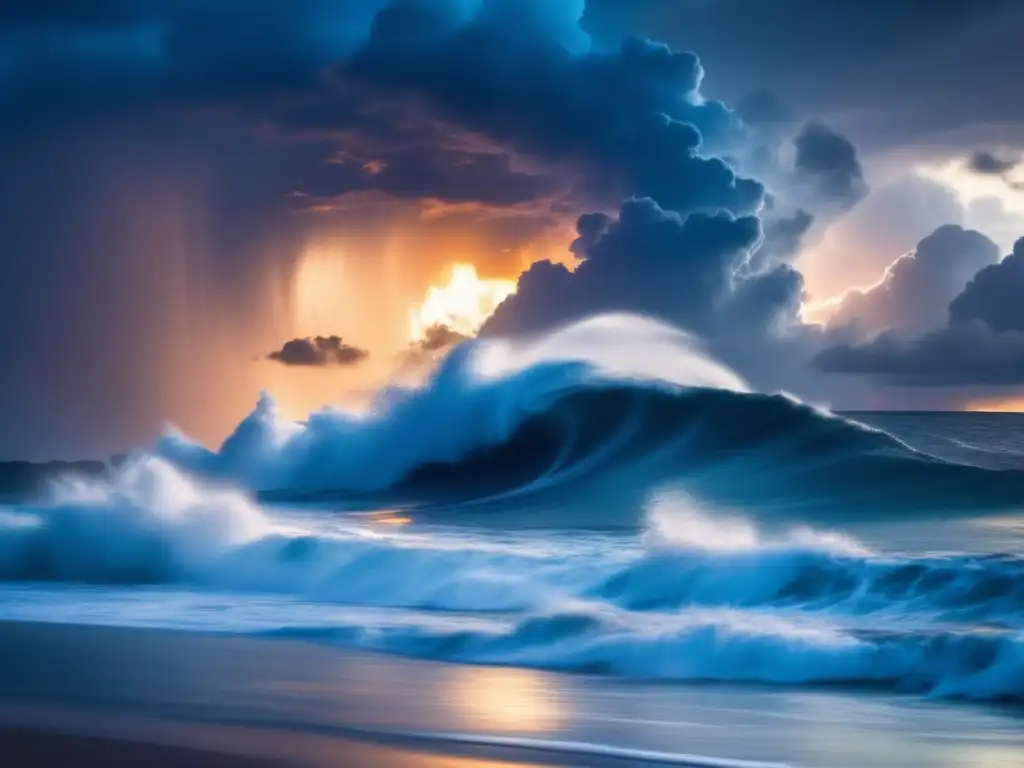 A tempest grows over the sapphire sea as dark clouds gather while sunlight fades away