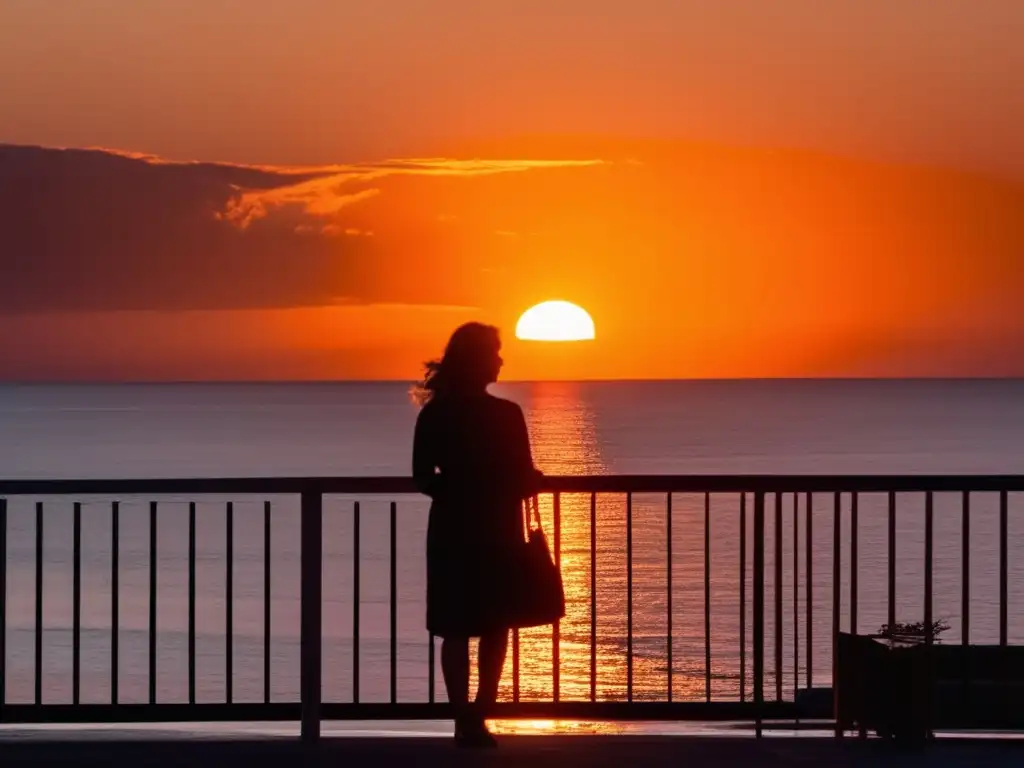 A woman stands steadfast on her balcony, framed against the cutoff orange light of the sun setting over the bay