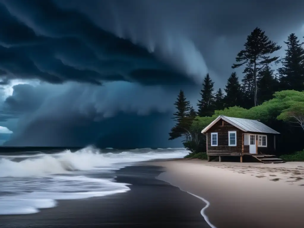 A person standing tall and determined on a stormy shore as the horizon darkens with an approaching hurricane