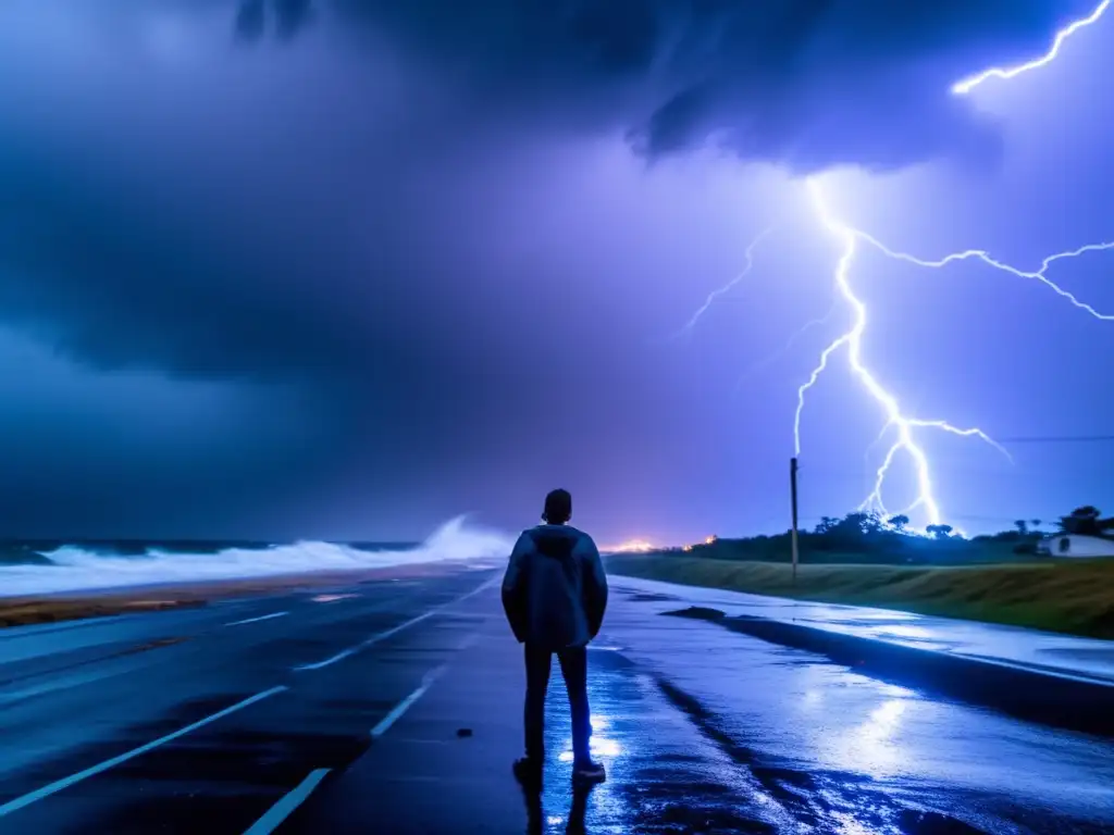 Amidst the raging winds and thunderous storm, a lone figure stands tall, holding their head high against the destructive force of nature