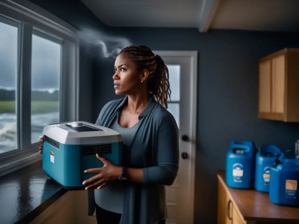 A woman stands tall amidst the chaos of a hurricane, holding a stormproof generator, water, and nonperishable food supplies