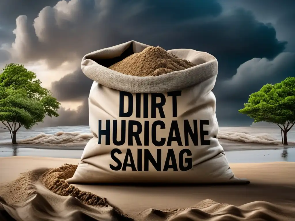 Amidst a stormy sky and swaying trees, a reusable sandbag stands tall, ready to be filled with dirt, sand, or debris