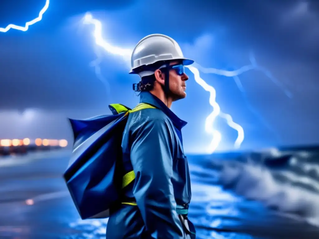 A person bravely stands against a raging hurricane, donning protective gear and holding onto a lifeline