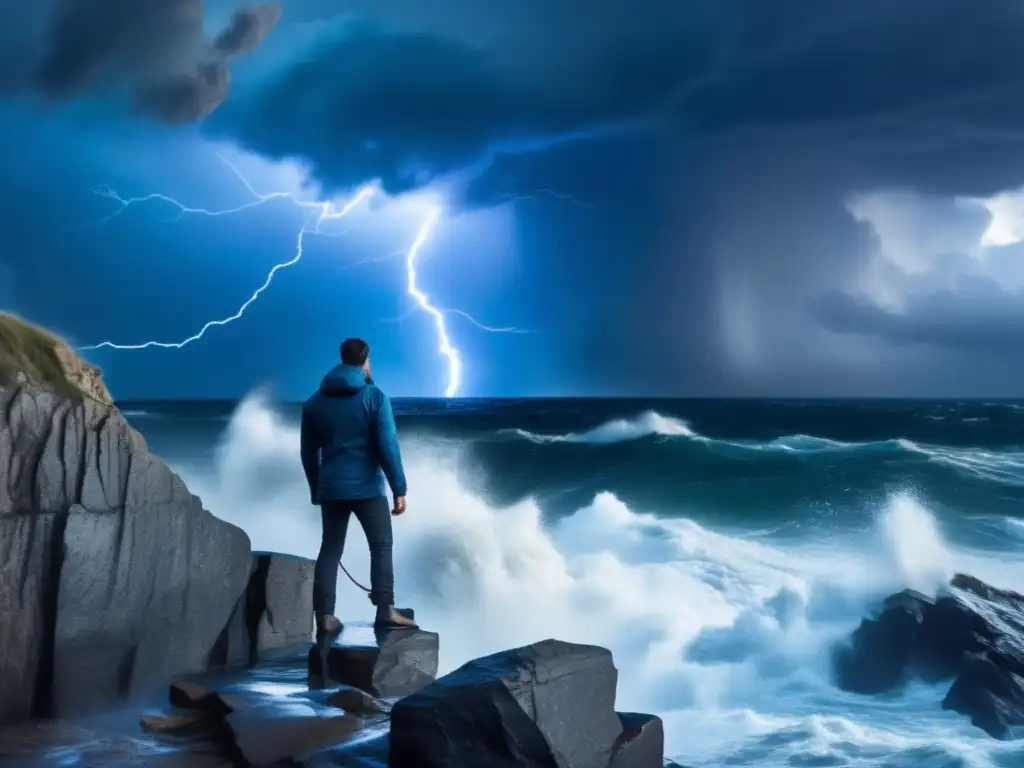 A tense person stands on a rocky cliff, overlooking a turbulent sea