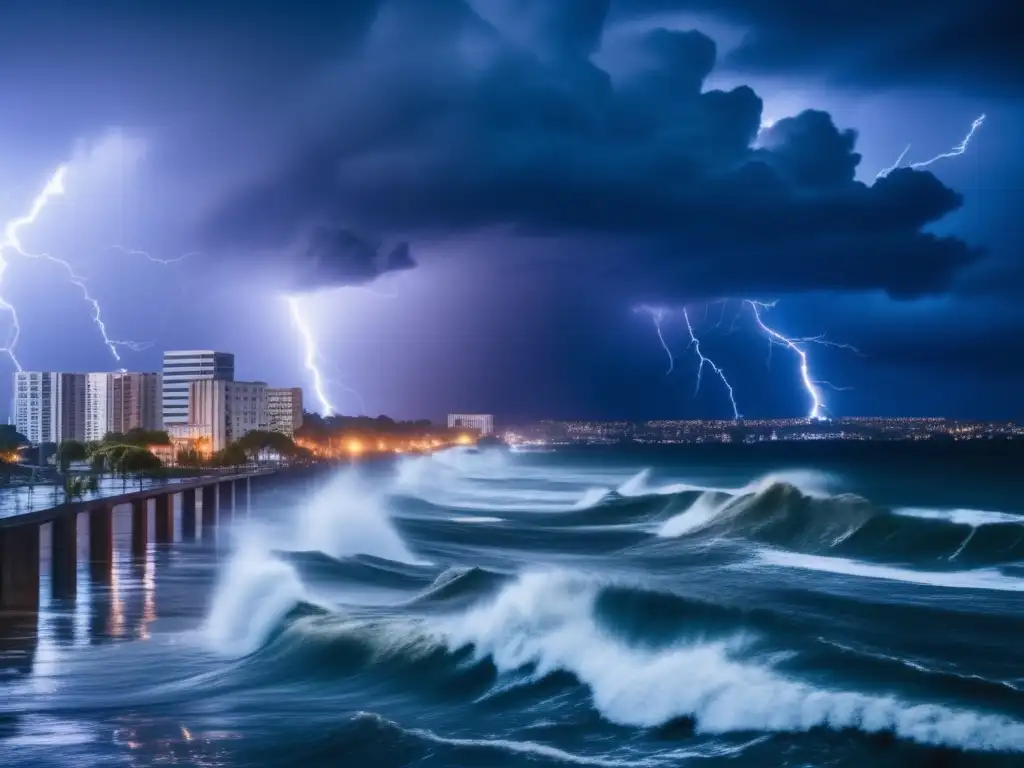 Amidst the raging tempest, a coastal city reels in the wrath of nature