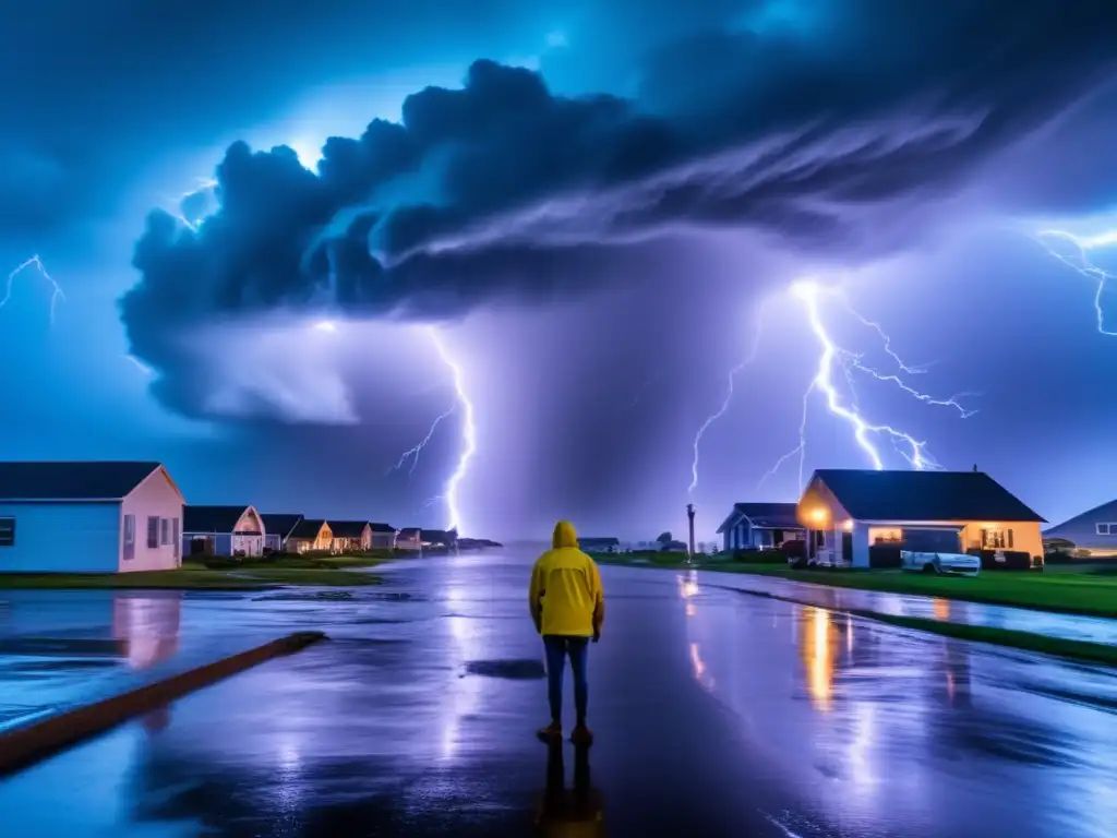 A cinematic shot of a massive storm tearing through a small coastal town