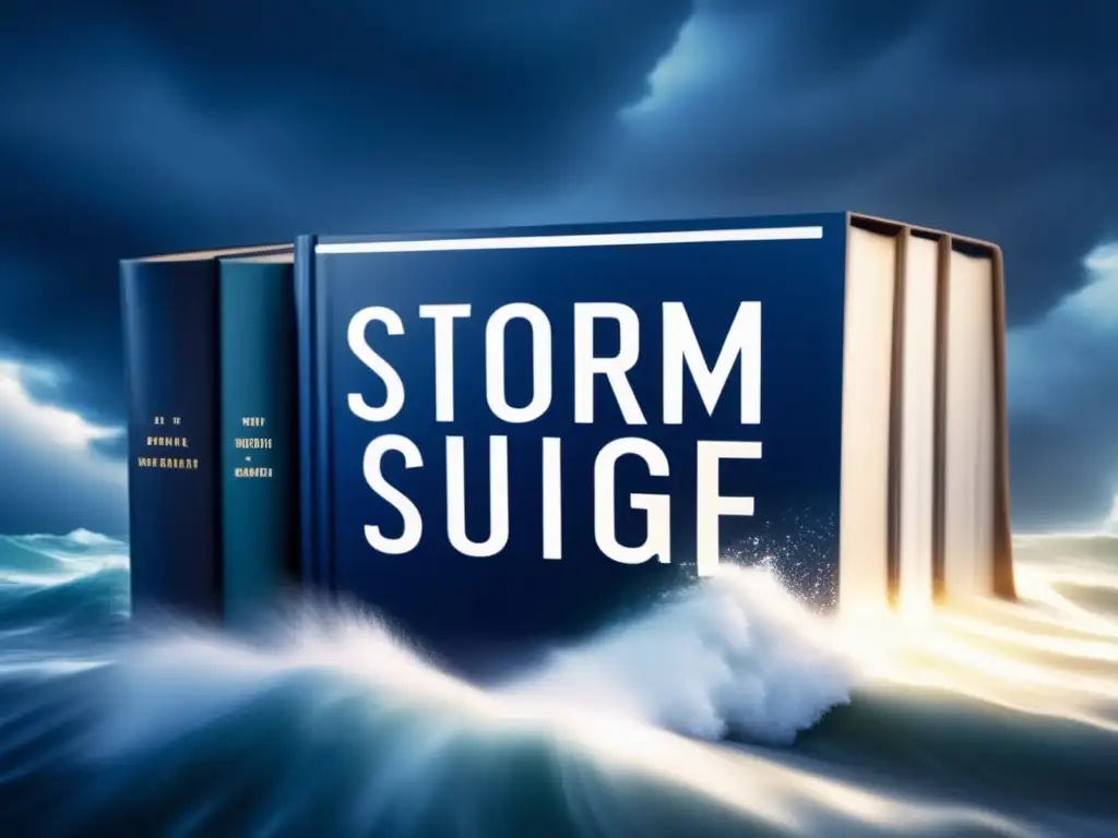 A striking image of a book titled 'Storm Surge' stands out against a dark blue background