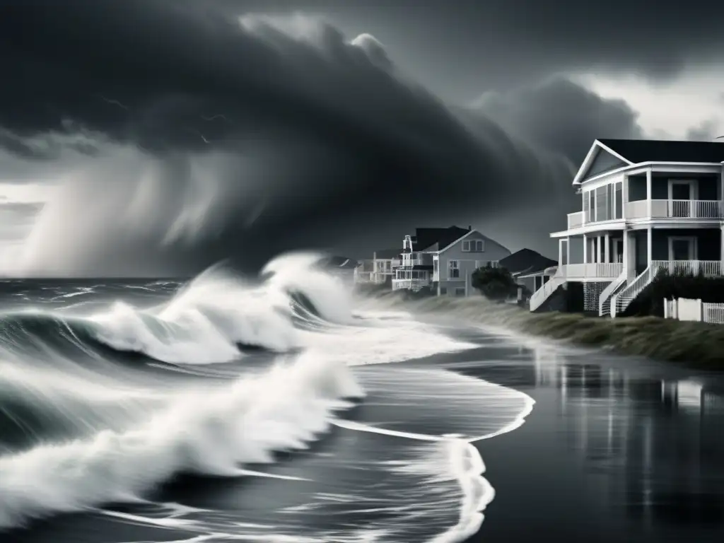 Hurricane grips seaside community, waves crash on shore, and buildings sway ominously as people seek shelter in homes