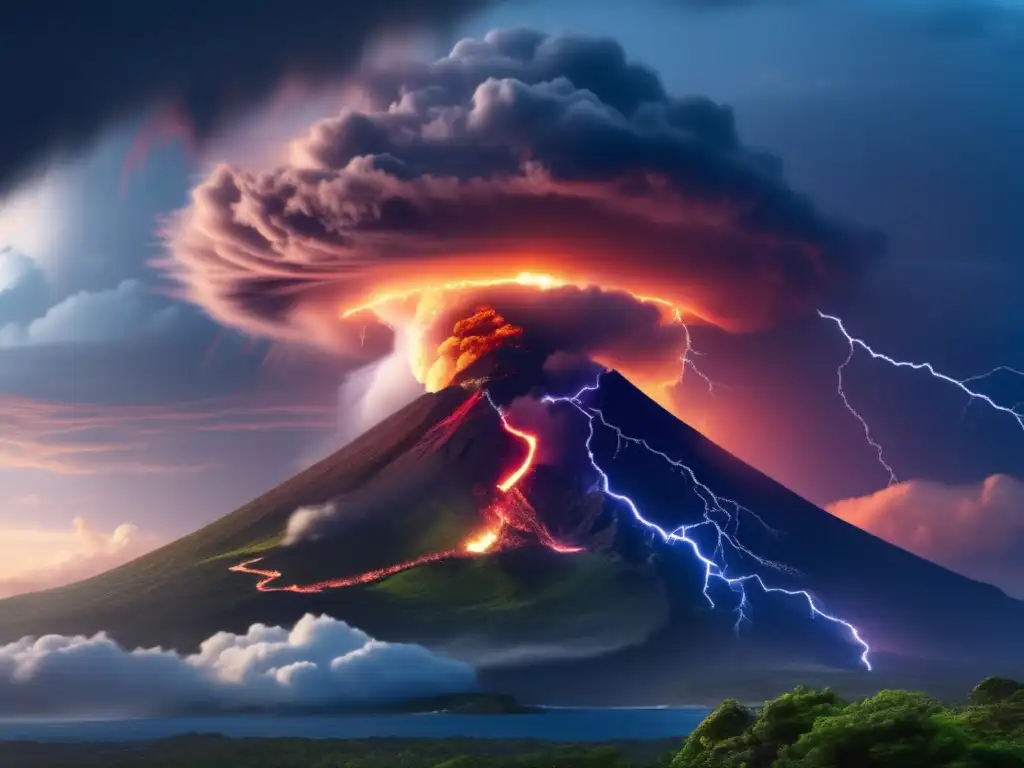 A hurricane and volcano collide, releasing intense energy as lightning bolts shoot from the volcano and a tornado whirls around the hurricane