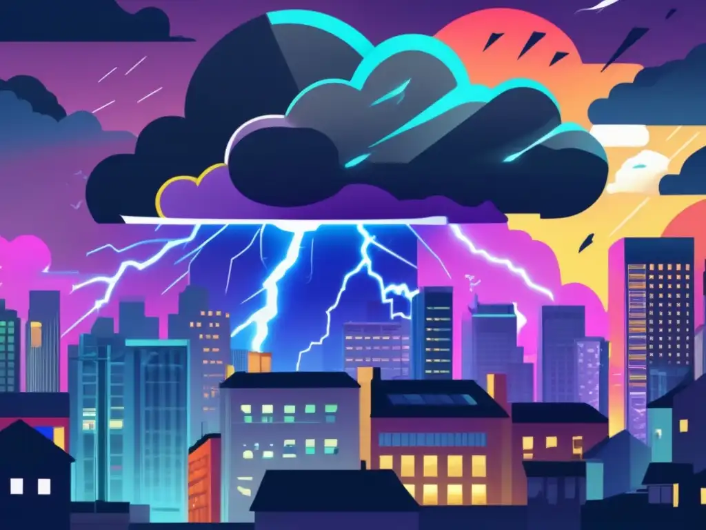 Dash-less ALT text: -A dark storm cloud hovers over a bustling city, illuminated by lightning, casting a shadow on the buildings