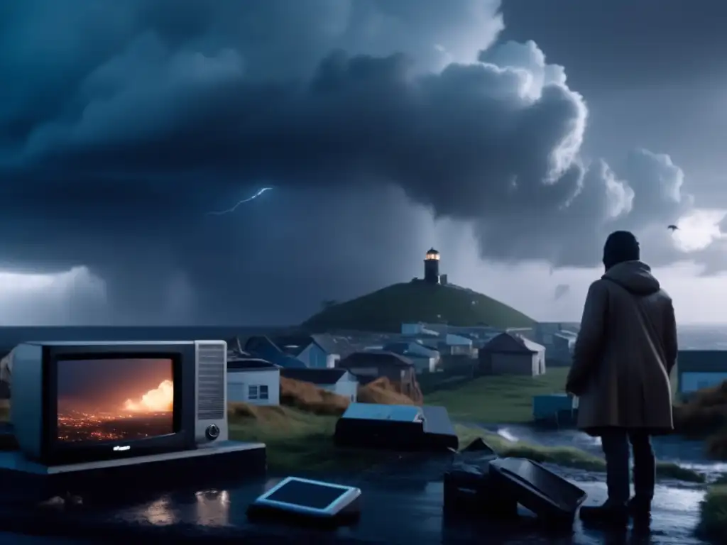 A cinematic image captures the aftermath of a storm wrecking a coastal town